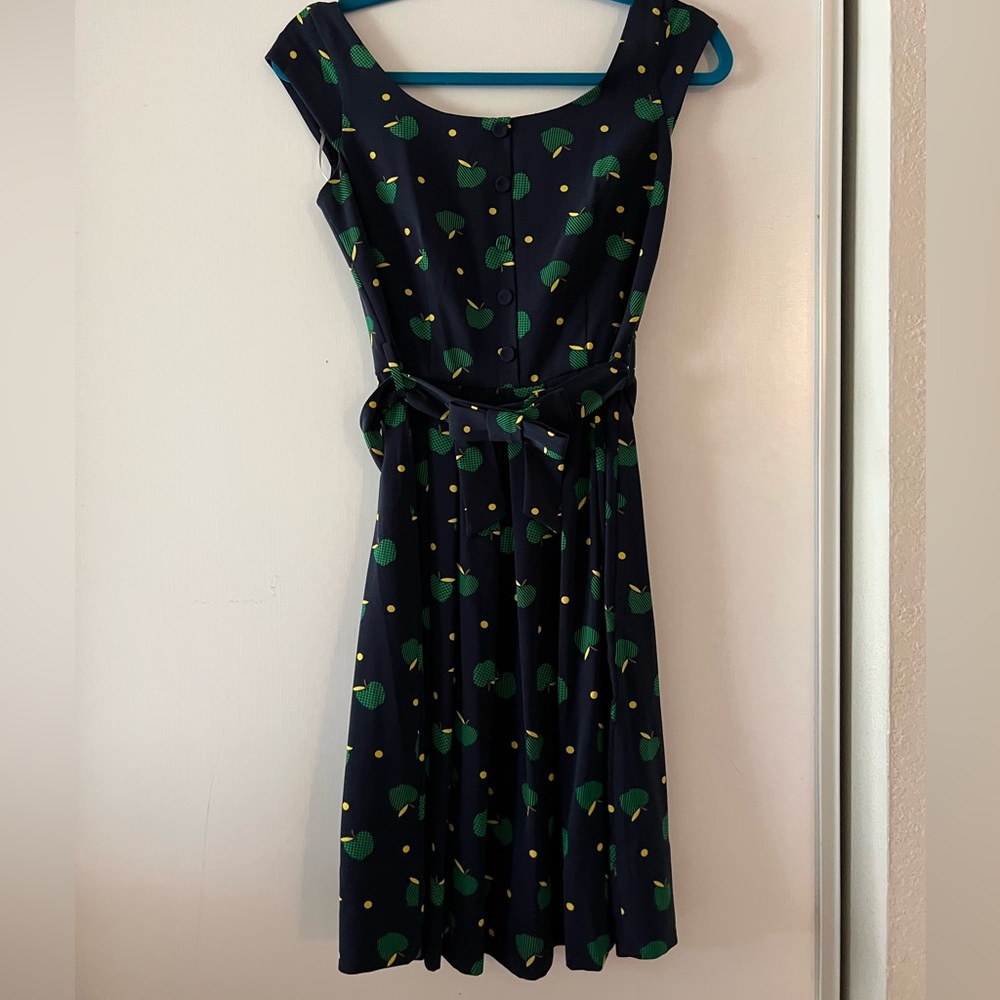 Karen Walker Navy Dress with Green Leaf and Yellow Dot Print